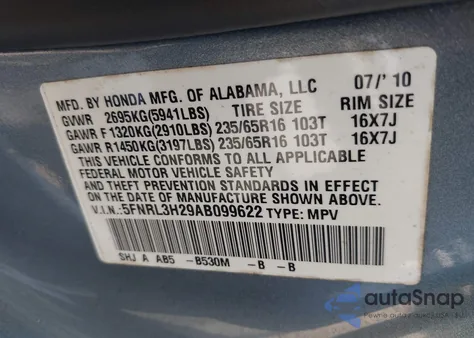 2010 Honda Odyssey Lx from USA, damaged, VIN 5FNRL3H29AB099622